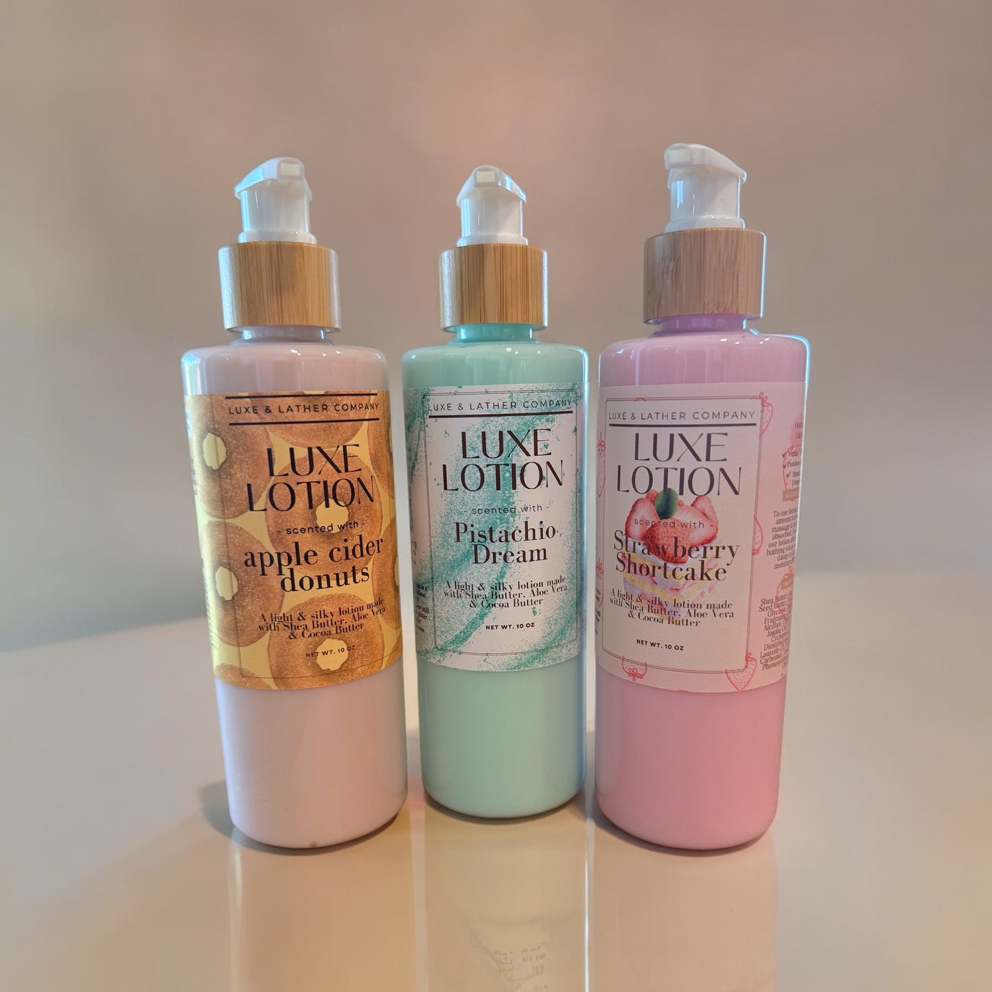 Dessert Themed Lotions, Strawberry Shortcake Lotion, Apple Cider Donut Lotion, Shea Butter Lotion, Aloe Vera, Cocoa Butter, Shimmer Lotion