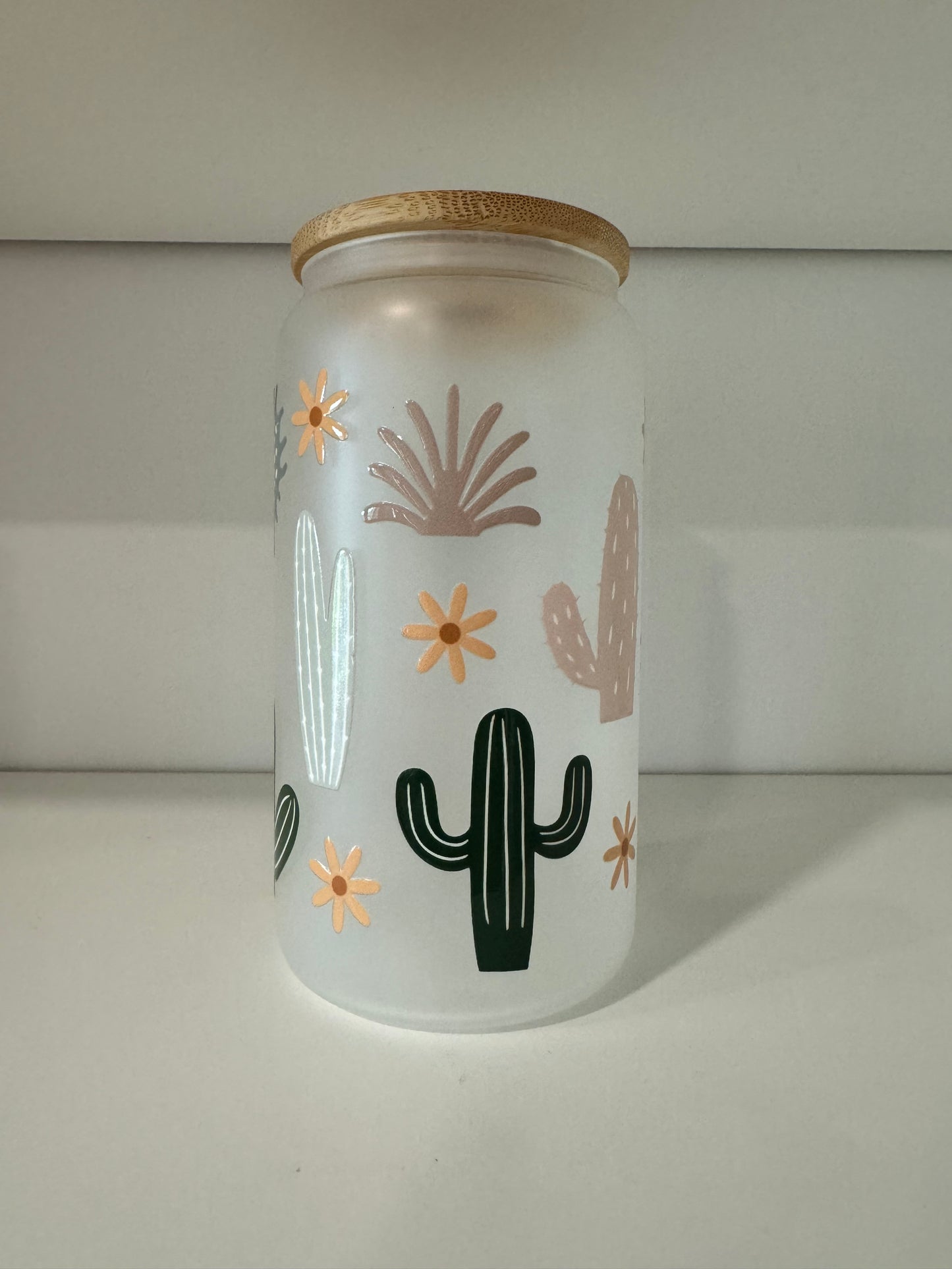 Frosted Glass 16oz with Bamboo Lid & Design, Libby Cold Cup with Bamboo Lid, Straw & Straw Cleaner