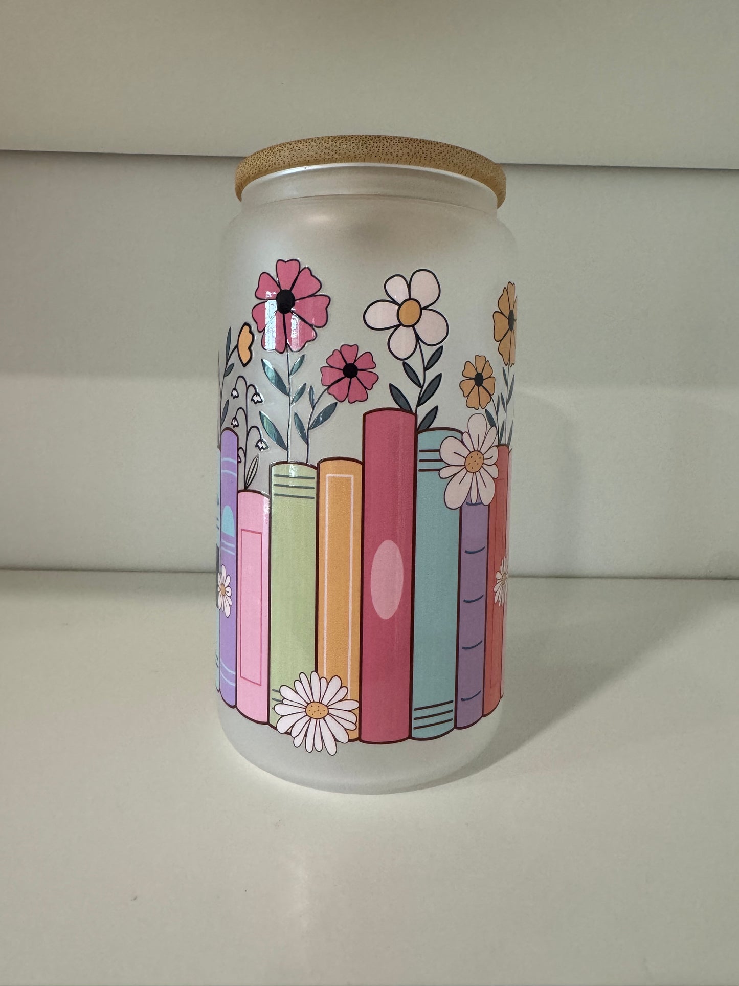 Frosted Glass 16oz with Bamboo Lid & Design, Libby Cold Cup with Bamboo Lid, Straw & Straw Cleaner