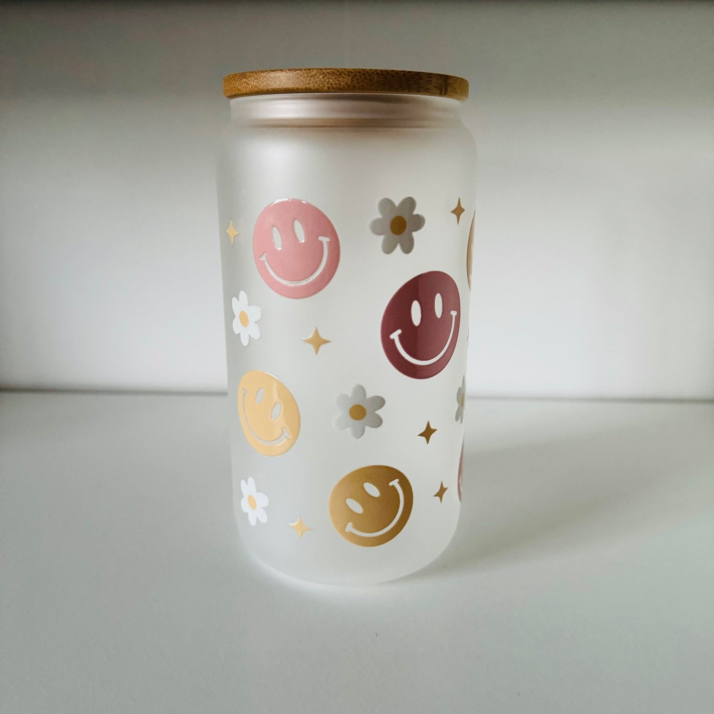 Frosted Glass 16oz with Bamboo Lid & Design, Libby Cold Cup with Bamboo Lid, Straw & Straw Cleaner