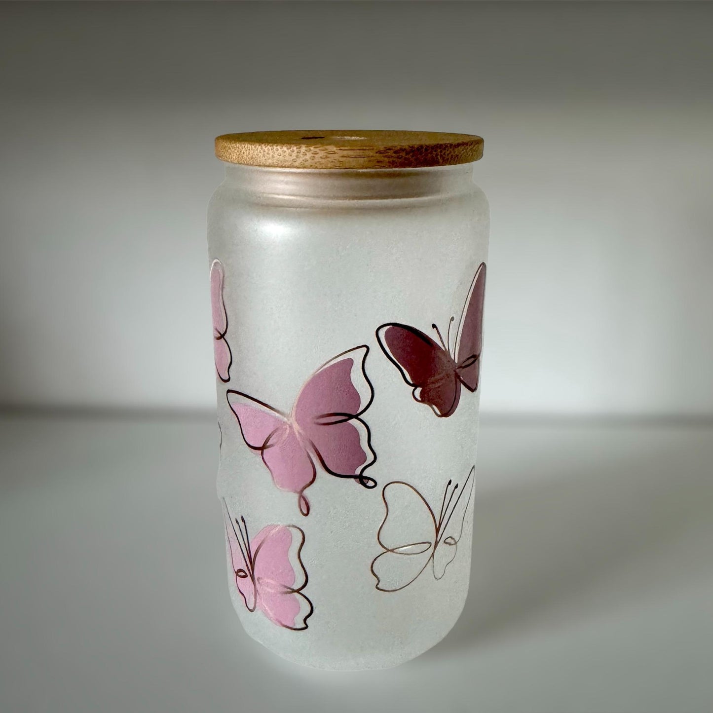 Frosted Glass 16oz with Bamboo Lid & Design, Libby Cold Cup with Bamboo Lid, Straw & Straw Cleaner