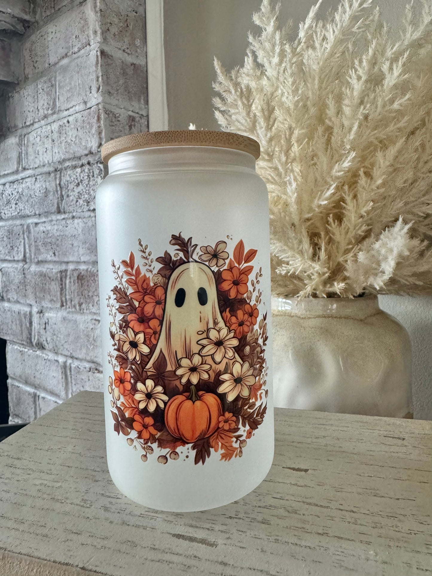Frosted Glass 16oz with Bamboo Lid & Design, Libby Cold Cup with Bamboo Lid, Straw & Straw Cleaner