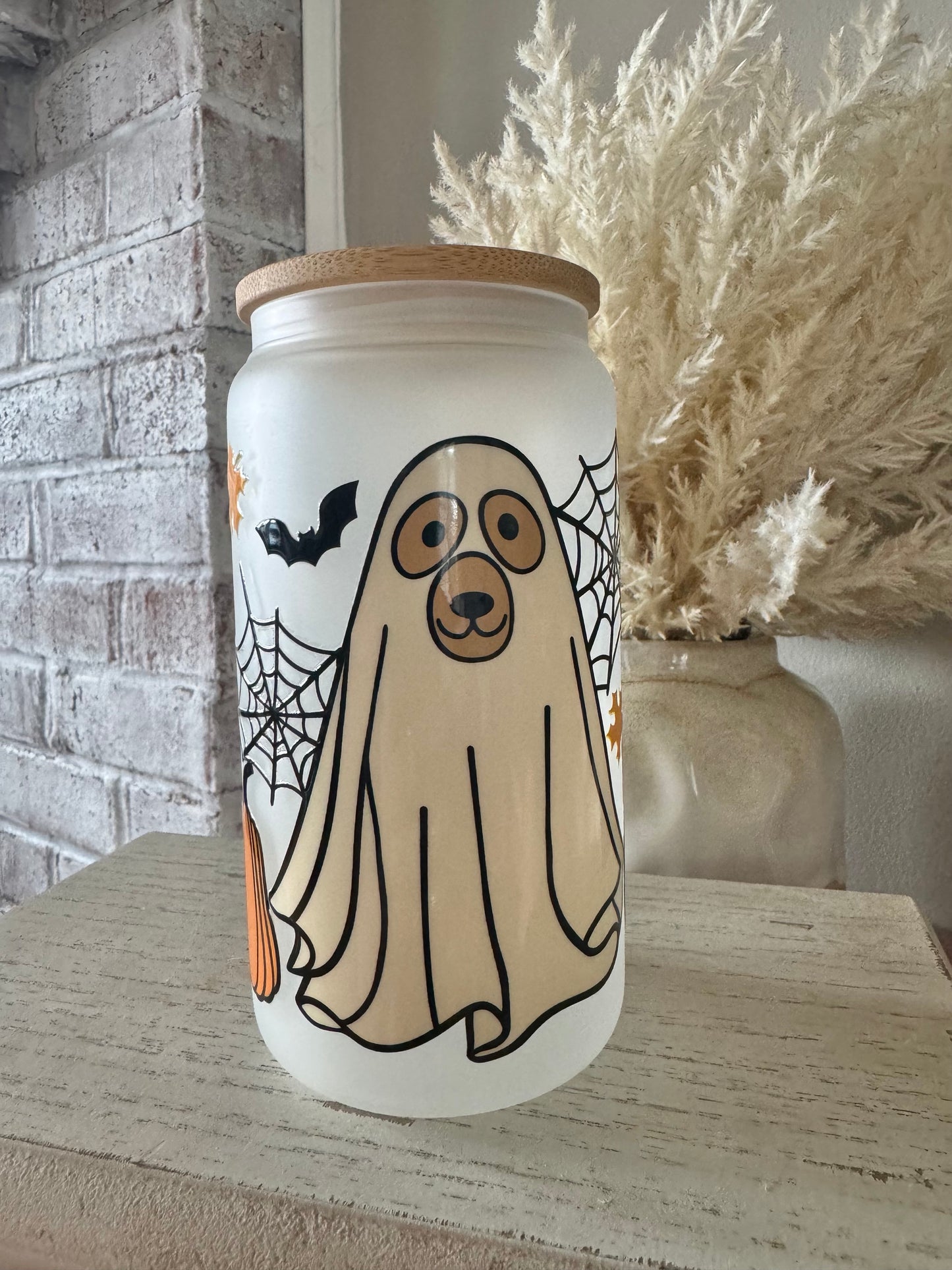 Frosted Glass 16oz with Bamboo Lid & Design, Libby Cold Cup with Bamboo Lid, Straw & Straw Cleaner