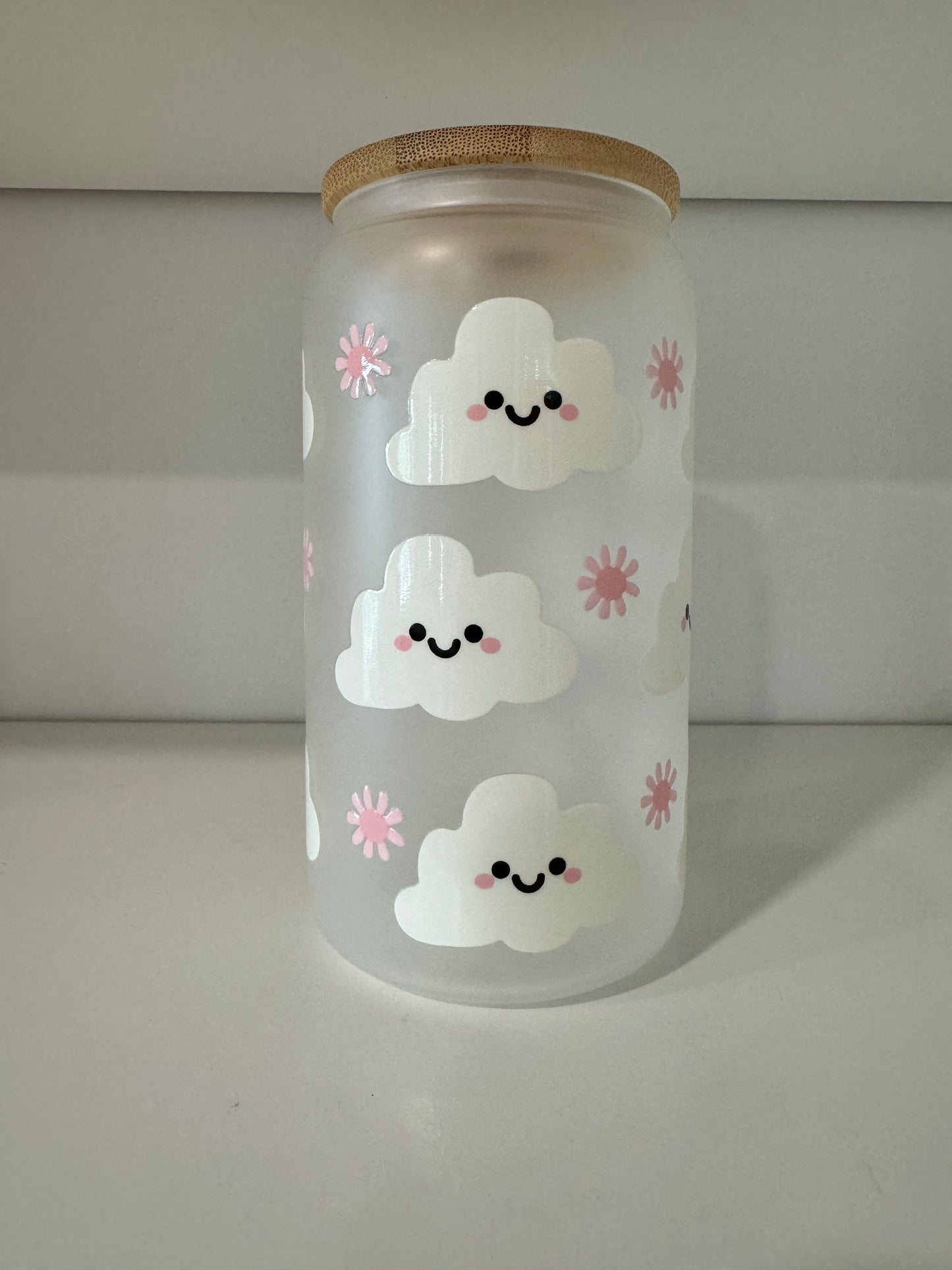 Frosted Glass 16oz with Bamboo Lid & Design, Libby Cold Cup with Bamboo Lid, Straw & Straw Cleaner
