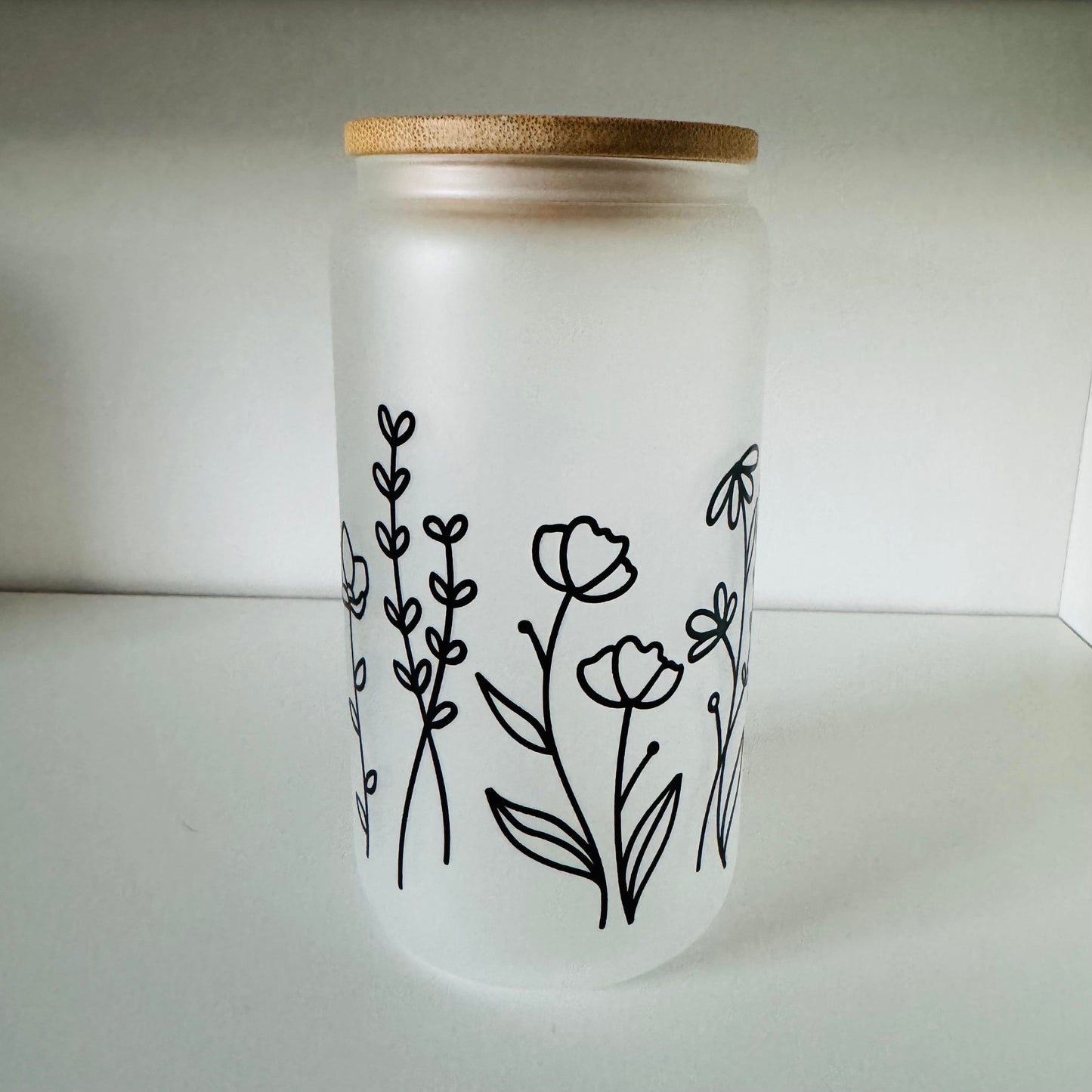 Frosted Glass 16oz with Bamboo Lid & Design, Libby Cold Cup with Bamboo Lid, Straw & Straw Cleaner