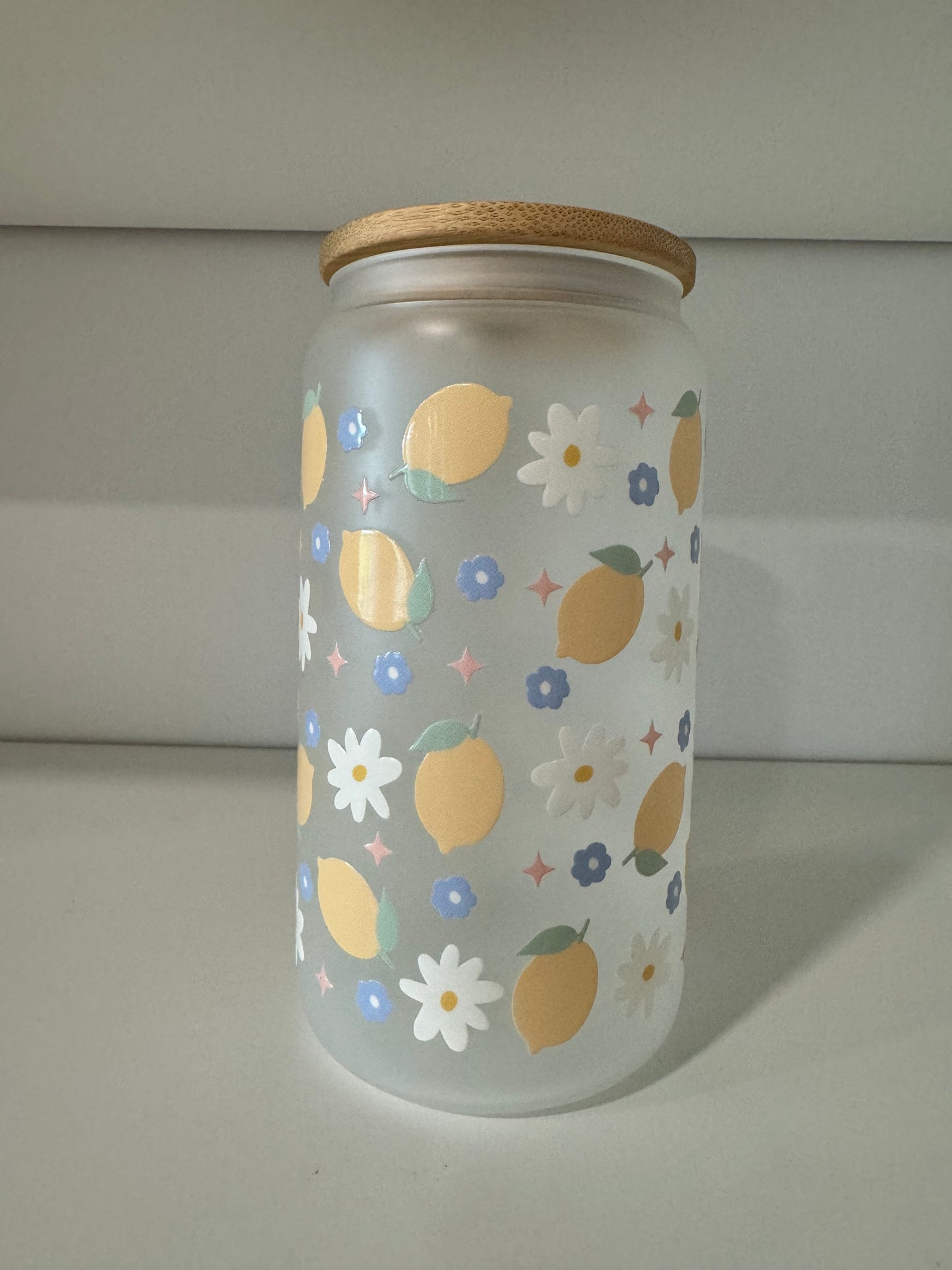 Frosted Glass 16oz with Bamboo Lid & Design, Libby Cold Cup with Bamboo Lid, Straw & Straw Cleaner