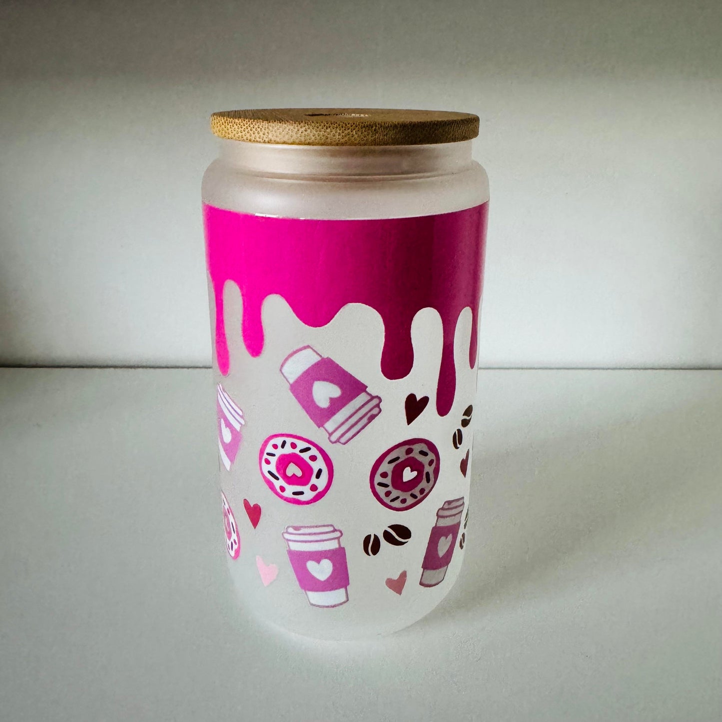 Frosted Glass 16oz with Bamboo Lid & Design, Libby Cold Cup with Bamboo Lid, Straw & Straw Cleaner