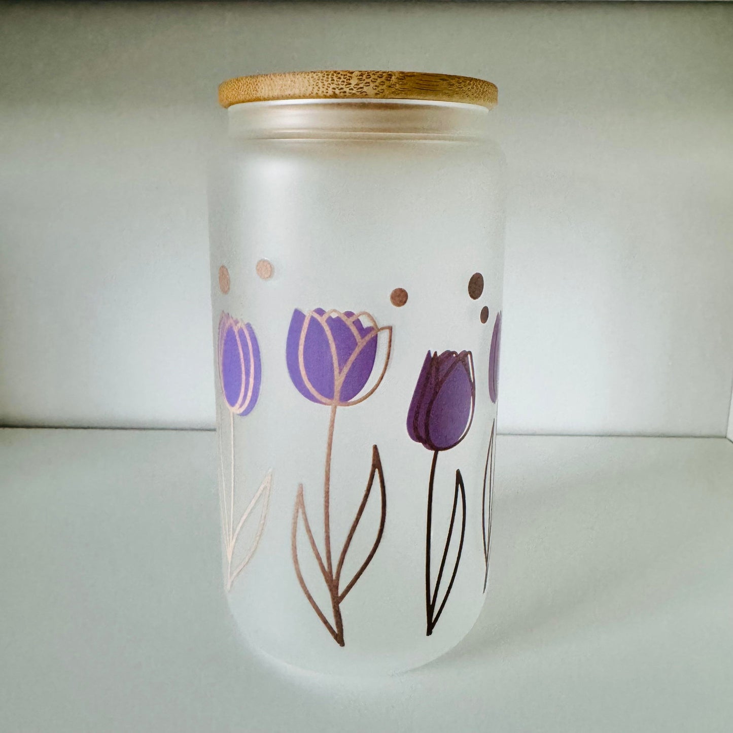Frosted Glass 16oz with Bamboo Lid & Design, Libby Cold Cup with Bamboo Lid, Straw & Straw Cleaner