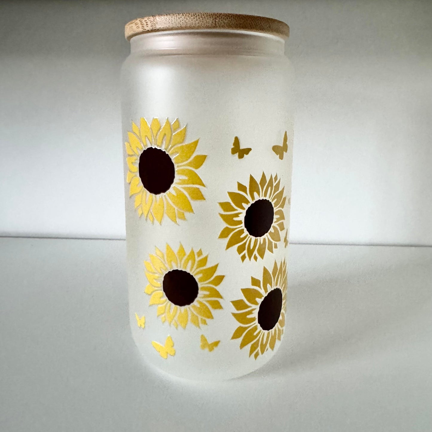 Frosted Glass 16oz with Bamboo Lid & Design, Libby Cold Cup with Bamboo Lid, Straw & Straw Cleaner