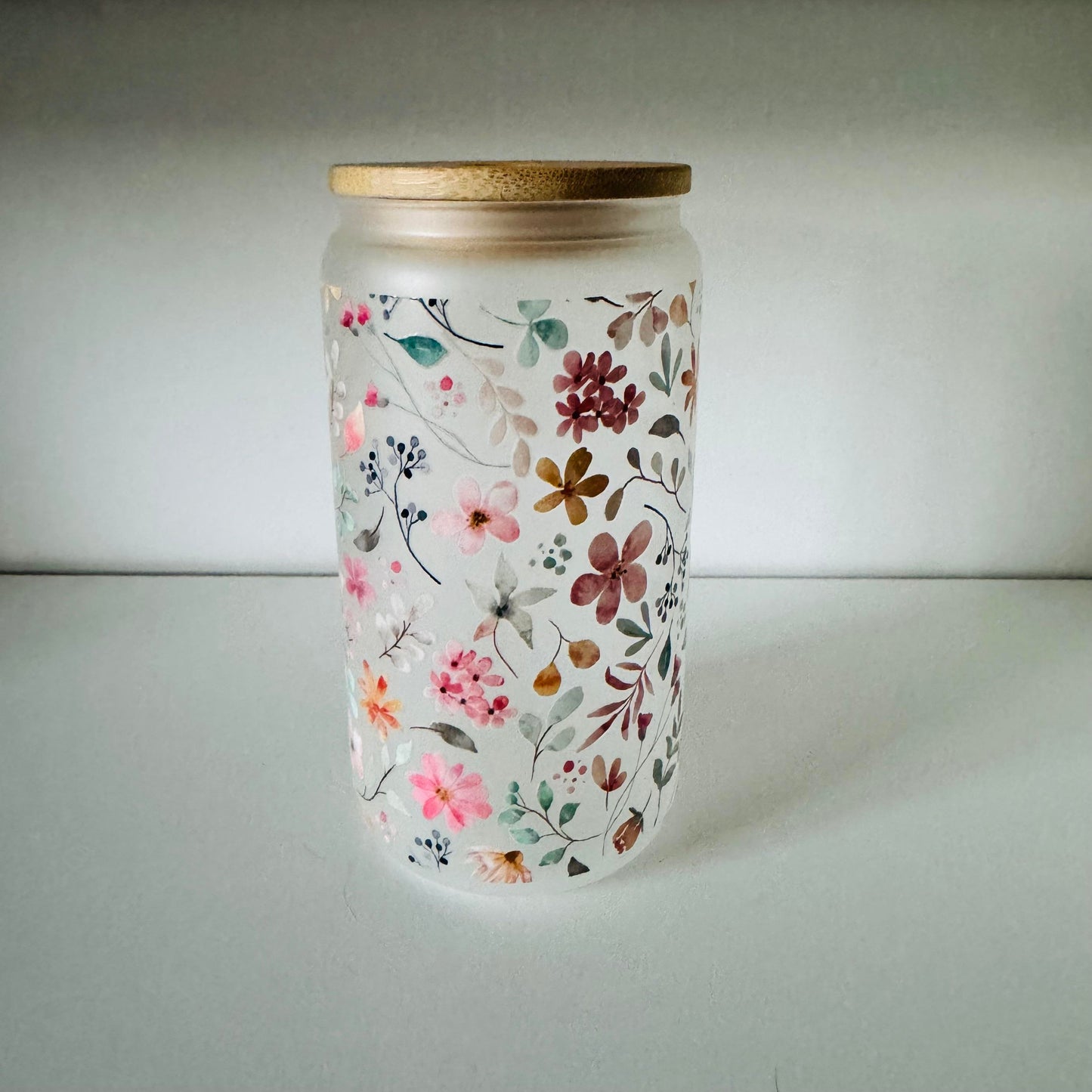 Frosted Glass 16oz with Bamboo Lid & Design, Libby Cold Cup with Bamboo Lid, Straw & Straw Cleaner