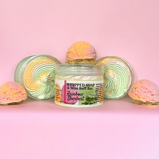 Rainbow Sherbert Whipped Soap & Mini Buff Bar, Natural Loofah Soap