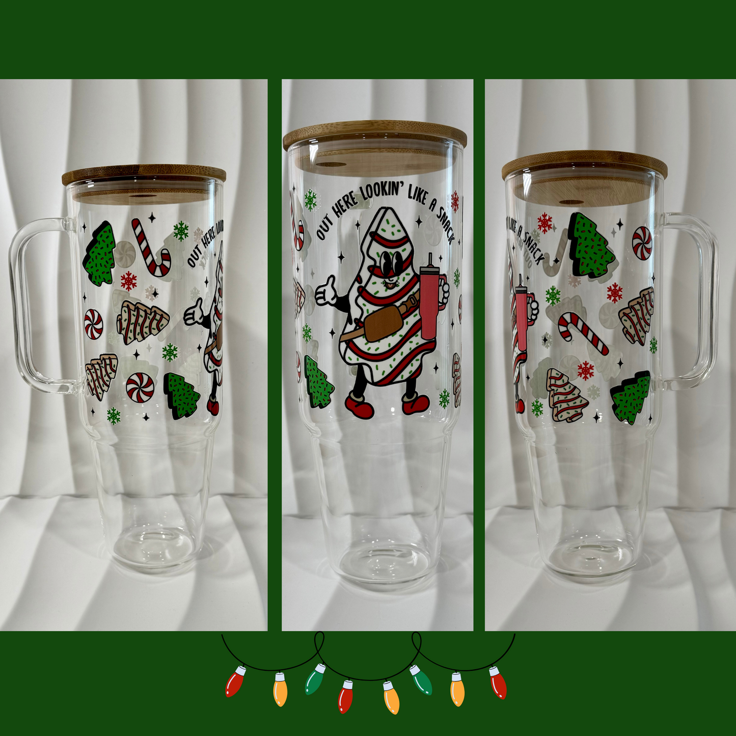 Christmas Glassware, Design Variety, 15 oz. & 40 oz. Cold Cups with Bamboo Lid & Straw