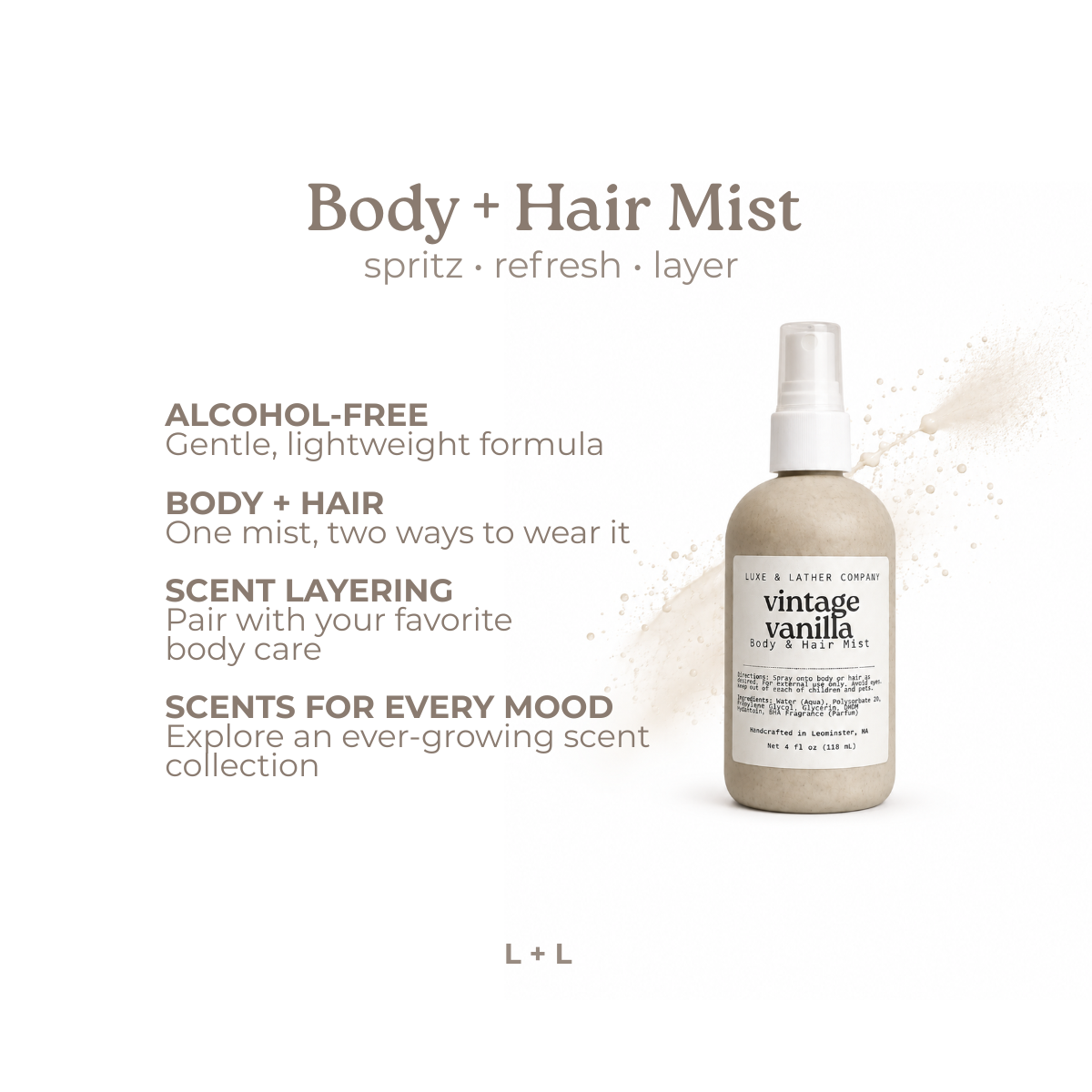 Luxe Body & Hair Mist, Moisturizing, Scent Variety