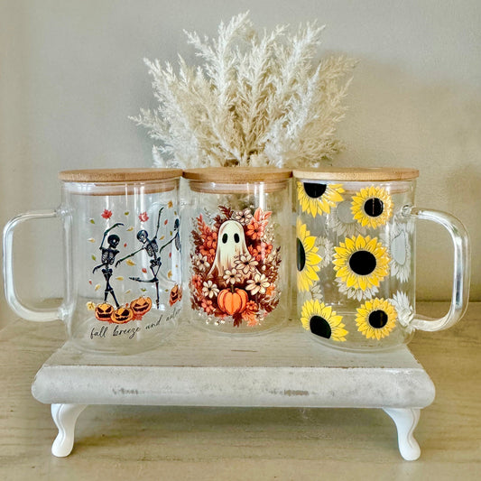 Fall Glassware, Design Variety, 15 oz. Cold Cups with Bamboo Lid & Straw