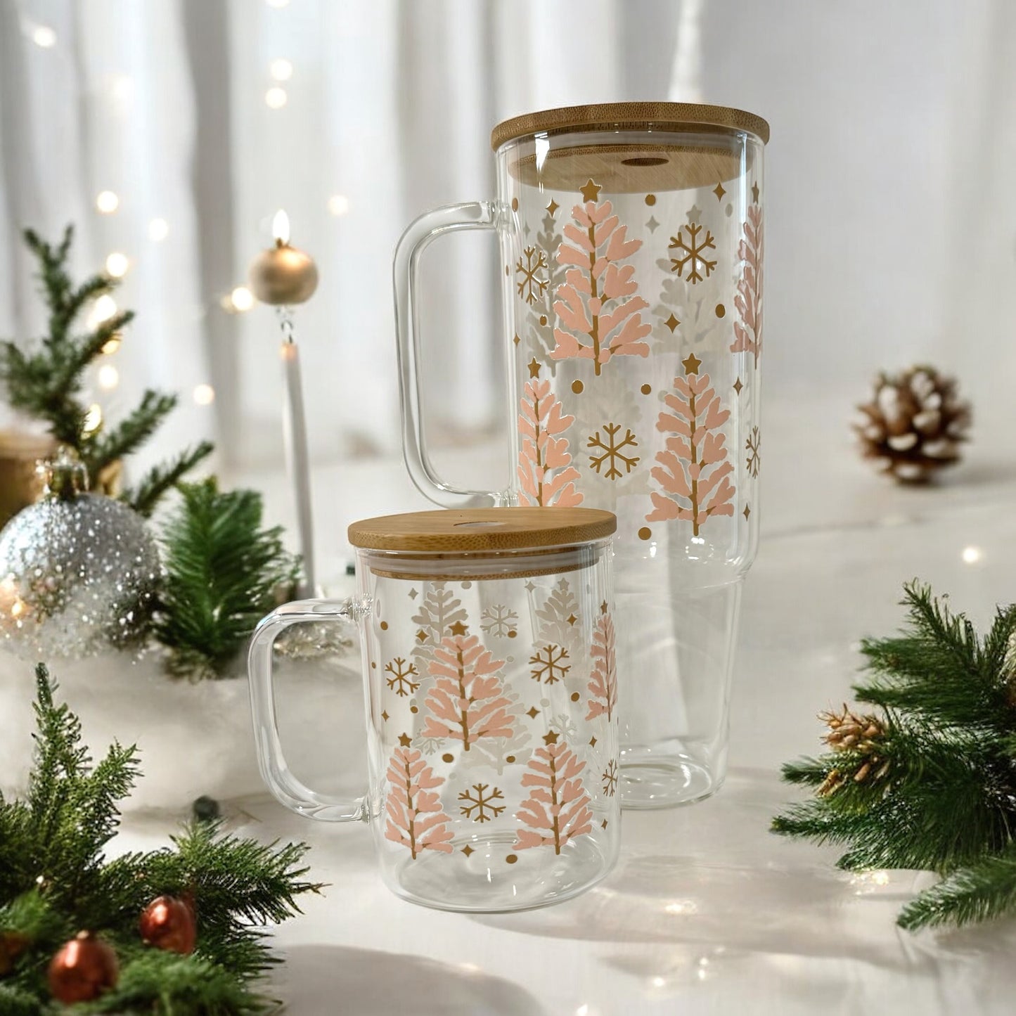 Christmas Glassware, Design Variety, 15 oz. & 40 oz. Cold Cups with Bamboo Lid & Straw